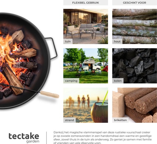 tectake® Feuerkorb Diablo – Hitzebeständiger Stahl – Feuerschale mit Feuerzange – Ø 57,5 cm – Gartenkamin – Stimmungsfeuer für den Außenbereich – Mit Griffen und Wasserablauf – Für Brennholz und Holzkohle