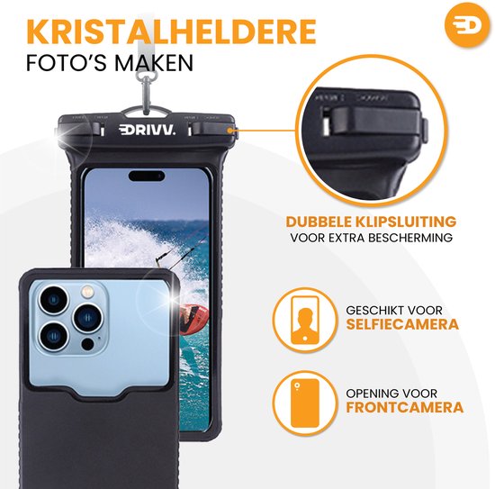 Drivv. Wasserdichte Handyhülle – Hartschalenhülle – Sturz- und stoßfest – Doppelclipverschluss – Bis zu 6,7 Zoll – Unterwasser-Handyhülle