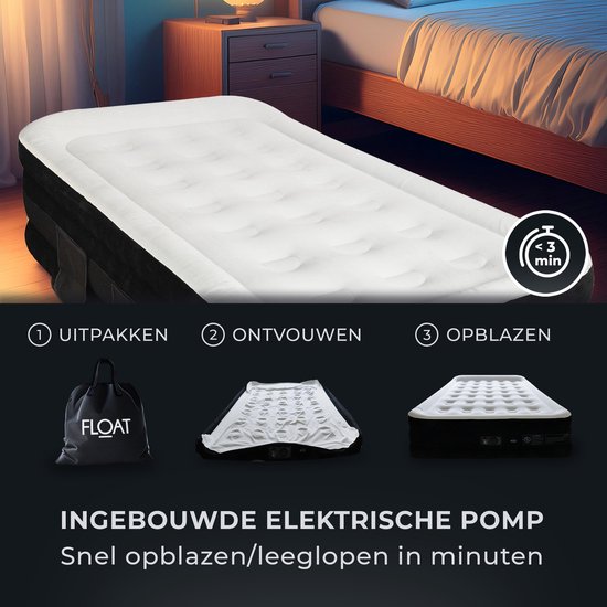 FLOAT VersaVento - 1-Personen-Luftbett mit eingebauter elektrischer Pumpe - <3 min schnelles Aufblasen - Inklusive 2 Klettverschlusstaschen, Tragetasche und Reparaturset - 194 x 99 x 45 cm - Selbstaufblasende Einzel-Luftmatratze - Gästebett