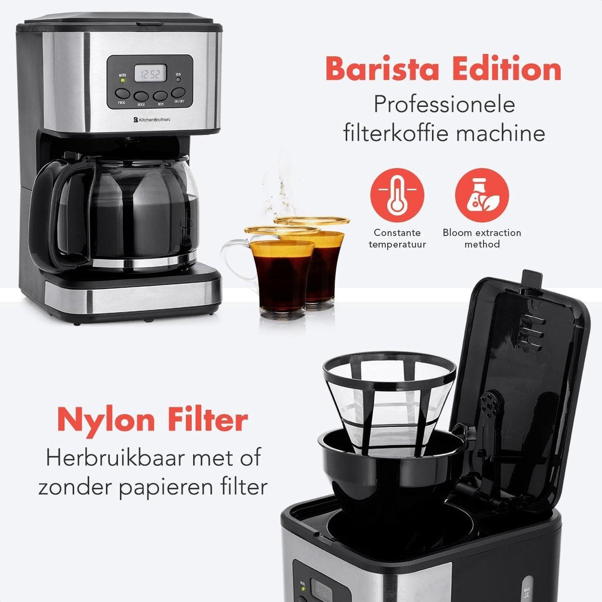 KitchenBrothers Kaffeemaschine - Filterkaffee - mit Glaskanne - 12 Tassen - Schwarz/RSF