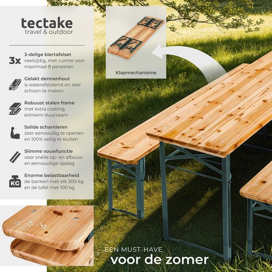 tectake - Biertisch mit 2 Bänken - 8 Personen - 170 cm lang - 3-teiliges Biertischset mit Klapptisch und Bänken - Gartentisch - Bierbank Oktoberfest