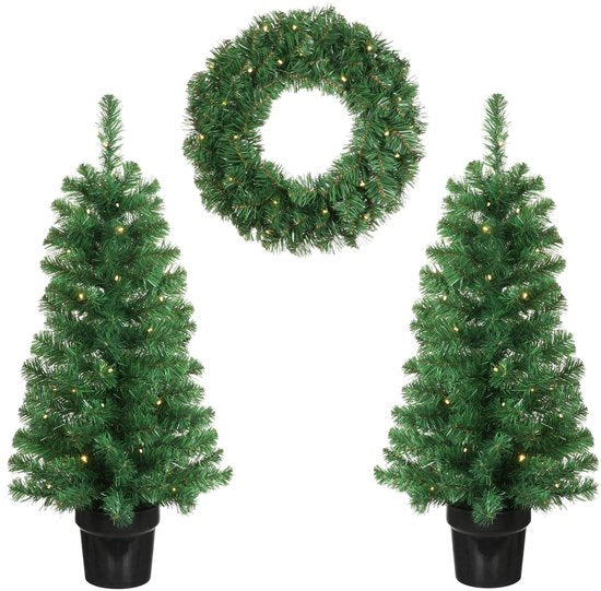 Black Box Trees Norton Weihnachtsbaum- und Weihnachtskranz-Set – 2 künstliche Weihnachtsbäume und 1 Kranz mit LED-Beleuchtung – Grün