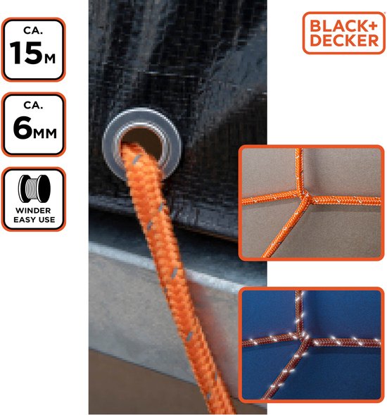 BLACK+DECKER Zurrgurt 15 Meter - Inkl. Zurrgurt Oproller - Zurrgurt - Transportseil - Elastisches Seil - mit reflektierenden Teilen - Transportmanagement - Nylon/ Kunststoff - Orange/Schwarz