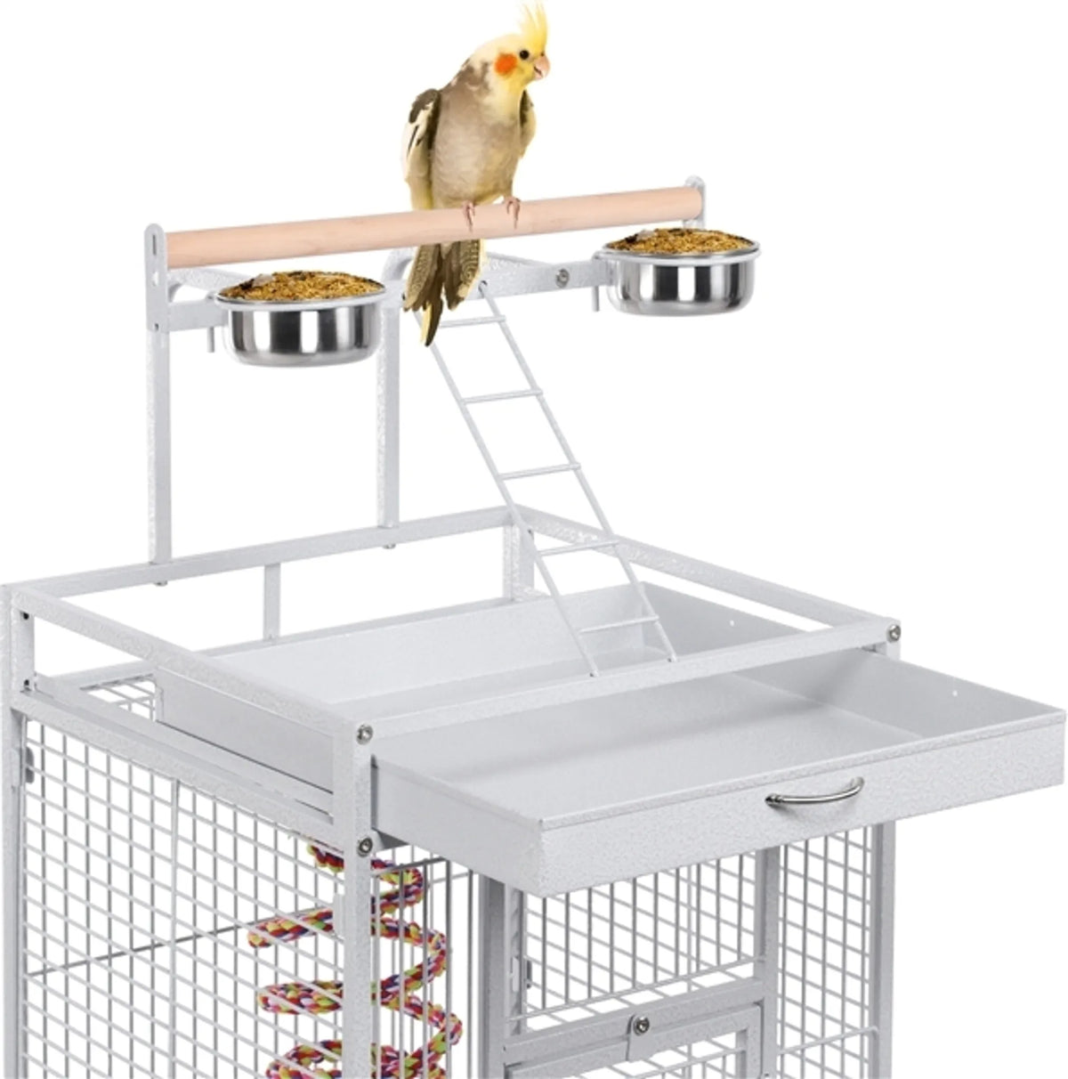 Yaheetech Papageienkäfig mit Spielplateau - Ausgestattet mit Saatgutfänger und ausziehbaren Kotschubladen und Futtertüren - Für Wellensittiche und Papageien - Weißes pulverbeschichtetes Eisen - 65,5 x 65,5 x 156 cm