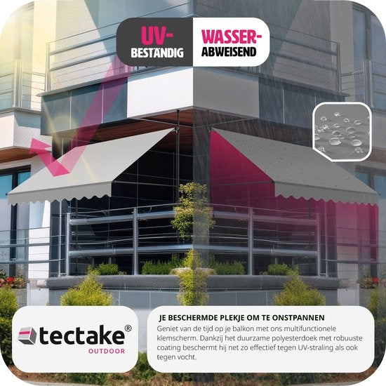 Tectake - Klemmmarkise Sonnenschirm - 250 x 180 cm - Ausgestattet mit UV-beständigem Polyester und Handkurbel und Teleskopstangen - Für Balkon und Terrasse - Hellgrau pulverbeschichteter Stahl