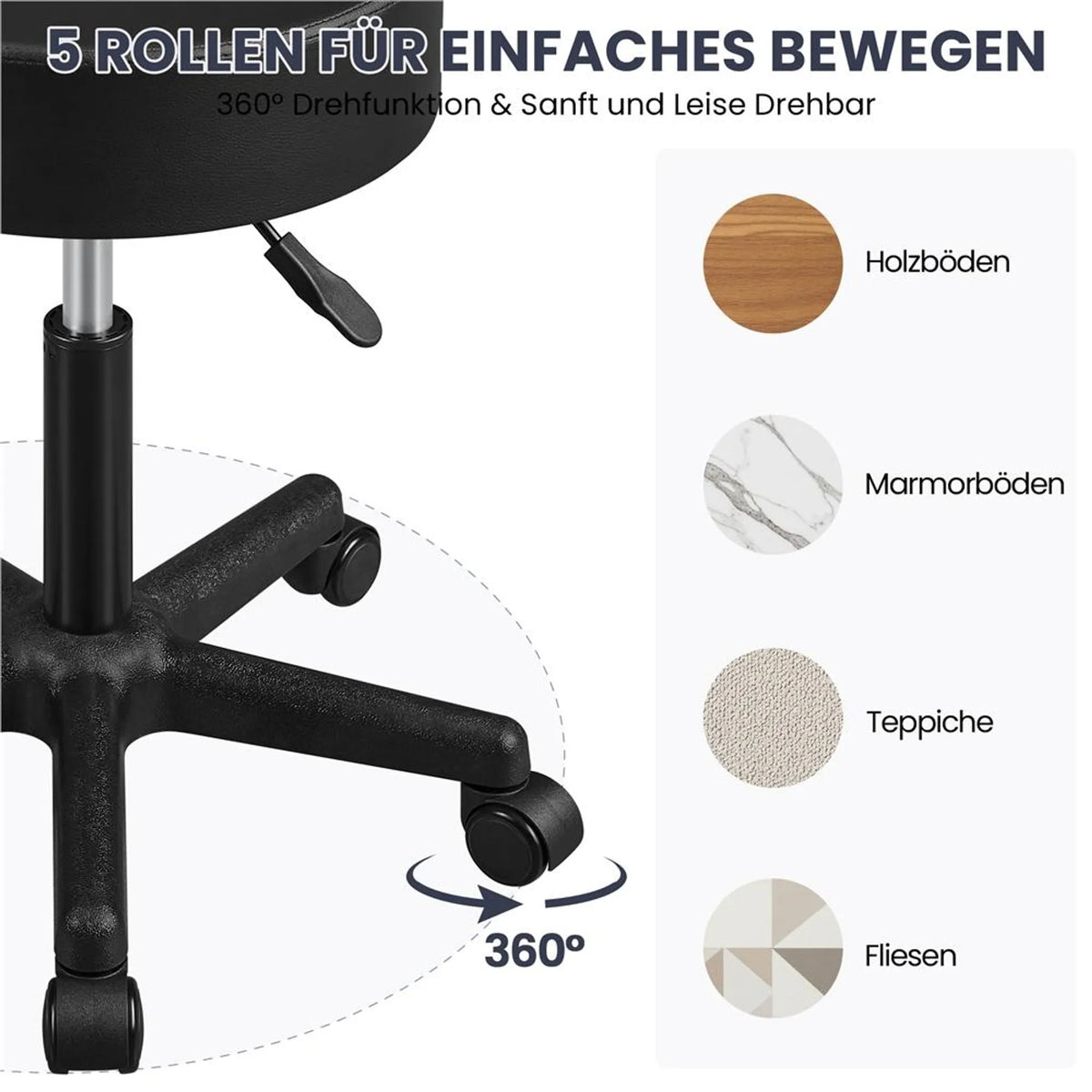 Yaheetech höhenverstellbarer Barhocker - Ausgestattet mit 10 cm dickem Sitzkissen und 360° drehbar und Sternfuß mit Rädern - Für Büro Studio und Kücheninsel - Schwarzes Leder und Metall - 50 x 50 x 46 - 61,5 cm