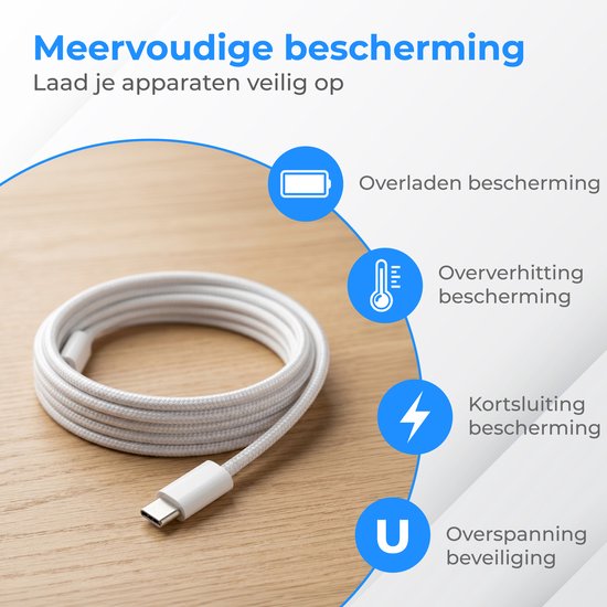 Nuvance USB-C-zu-USB-C-Kabel – USB-C-Ladegerät – 2 Meter – USB-C-Schnellladegerät – geflochtenes Nylon – 60 W – 480 Mbit/s – Weiß