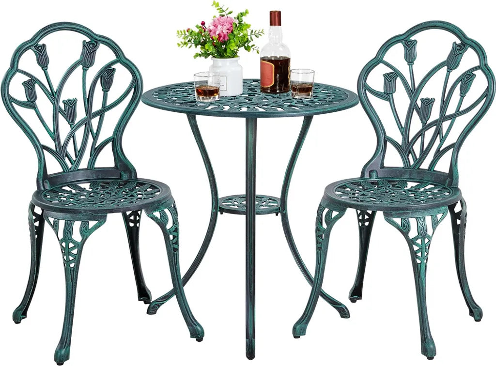 Yaheetech 3-teiliges Bistro-Gartenset – Grün – Aluminium-Gartenset mit 2 Stühlen und einem Tisch mit Sonnenschirmloch