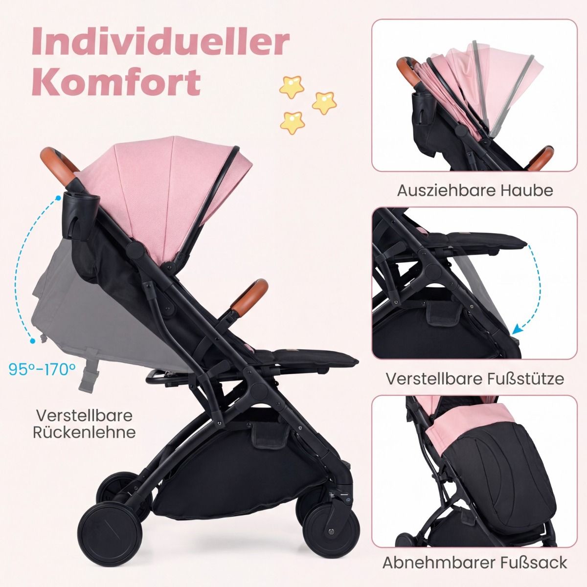 Coast Kinderwagen – zusammenklappbar – verstellbare Rückenlehne und Fußstütze – rosa