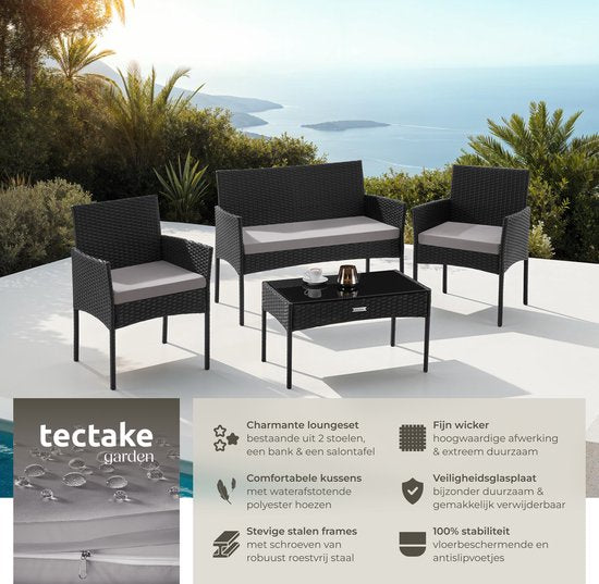 tectake® - Geflecht-Gartenset Palese - Sitzgruppe für 4 Personen - Gartenmöbel-Set mit Loungebank, Gartentisch und 2 Gartenstühlen inklusive Sitzkissen - Gartenmöbel - Wasserfest - Schwarz