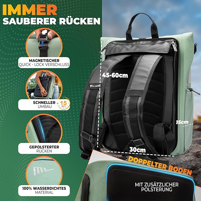 MIVELO - 3-in-1-Rucksack & Umhängetasche - Wasserdicht - 25 Liter - Mint