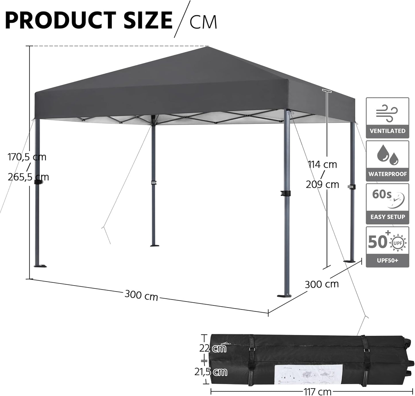 Yaheetech Faltpavillon 3 x 3 m Dunkelgrau – Wasserdicht – UV-Schutz 50+ – Inkl. Heringe, Sandsäcke und Tragetasche