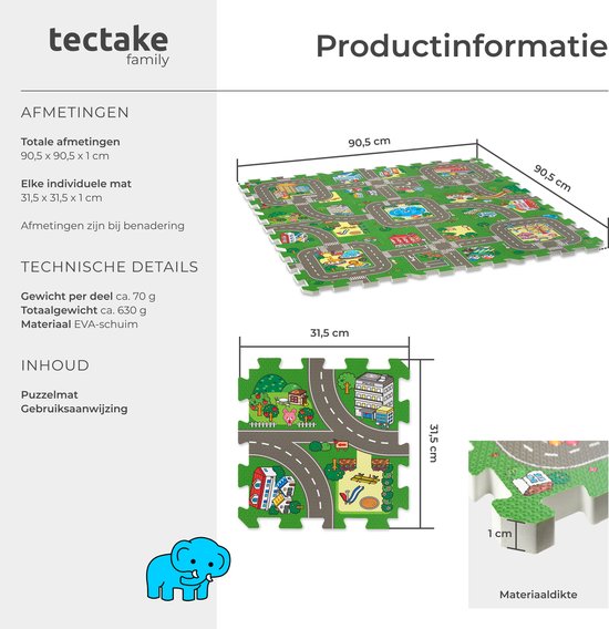 tectake® - Spielmatte - Schaumstoffspielmatte - Spielmatte Baby - Stadt und Straßen - 90 x 90 cm - 9-teilige Puzzlematte - Rutschfest - Geräuschabsorbierend und feuchtigkeitsbeständig