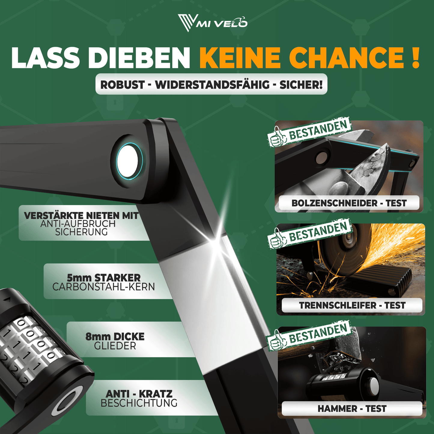 MIVELO Fahrradschloss NEXUS - Mit Zahlenschloss - Extrem robuster Edelstahl - 90 cm - Schwarz