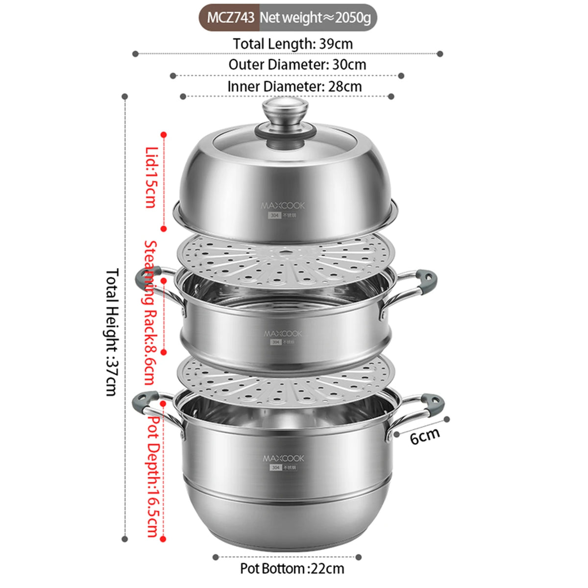 Maxcook 3-lagiger Dampfkochtopf 28 cm – Edelstahl 304 – für Induktion und Gas