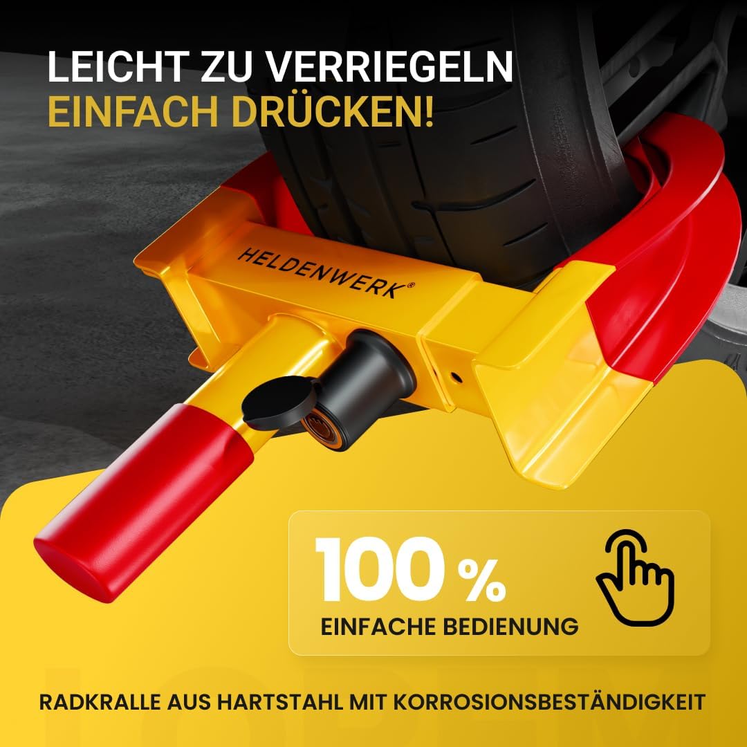 HELDENWERK Parkkralle Radklammer mit Sicherheitsschloss - 48x25x7 cm - Für 18-30 cm Reifenbreite - Mit 3 Schlüsseln - Stahl - Gelb/Rot