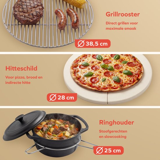 KitchenBrothers Kamado BBQ - 18 Zoll Holzkohlegrill - 38,5⌀ cm - Komplettset - Eiergrill mit Zubehör inklusive Abdeckung - Schwarz