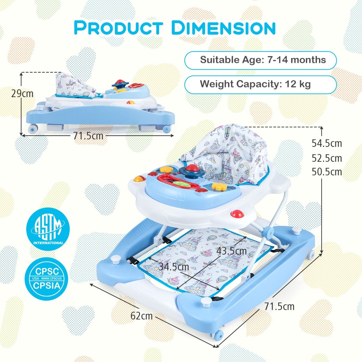 Coast 6-in-1 Kinderwagen Blau - Höhenverstellbar (71,5 x 62 x 50,5-54,5 cm) - Überrollsicher mit Notenblatt und gepolstertem Sitz