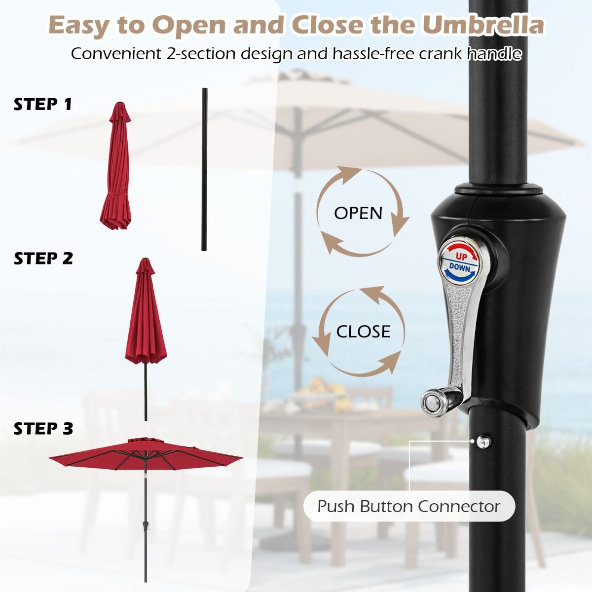 Coast 303 cm Runder Terrassen-Sonnenschirm Rot - Kippbarer Sonnenschirm mit Kurbel & 8 Ballen, doppellagig