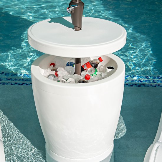 Step2 Vero Pooltisch Weiß – Pooltisch mit Kühlfach (34 l) – Tisch für die Sonnenterrasse – Mit Sonnenschirmöffnung und Abfluss – Geeignet für den Einsatz im Pool oder auf der Terrasse – Bis zu 50 kg