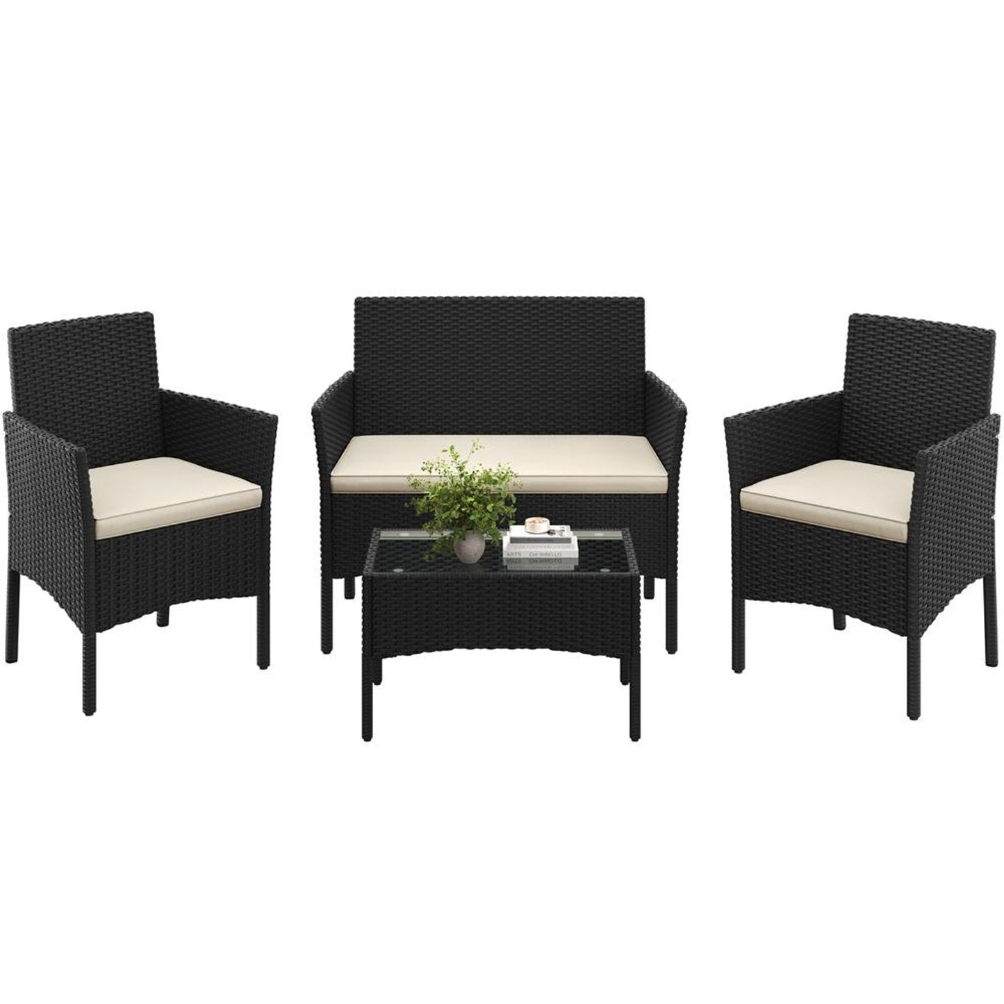 Yaheetech 4-teiliges Rattan-Lounge-Set – Tisch, 2 Stühle und 2-Sitzer-Sofa – wetterfeste Kissen – Schwarz und Beige – 106 x 58 x 80 cm
