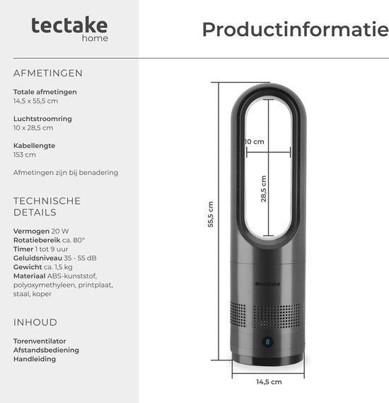 tectake® Turmventilator Polar – Säulenventilator inklusive Fernbedienung – 8 Geschwindigkeitsstufen und Timer – 80°-Schwenkfunktion – Leiser Ventilator (35–55 dB) - Standgerät mit LED-Bedienfeld – 55,5 cm hoch – Luftkühler – Anthrazit