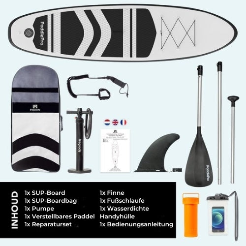 LifeGoods SUP Board - Aufblasbares Paddle Board - Komplettset - Max. 135KG - 320x81cm - Weiß/Schwarz
