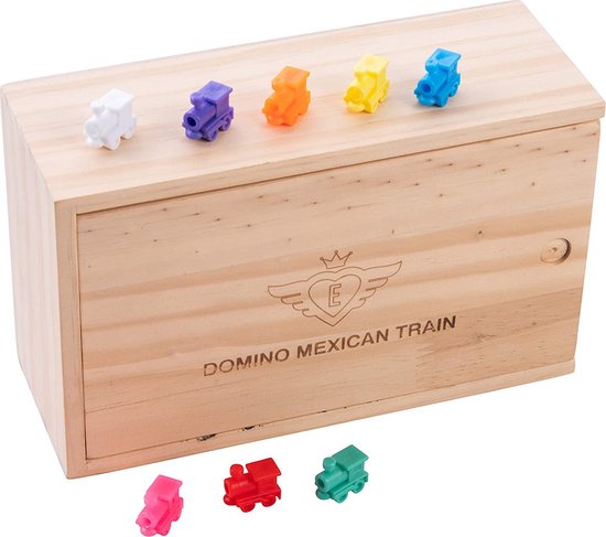 Domino Doppel 12 Mexican Train – 91 Steine mit farbigen Augen – Holzkiste mit Schiebedeckel – Inklusive Bahnhof und Züge – Strategisches Familienspiel – Engelhart