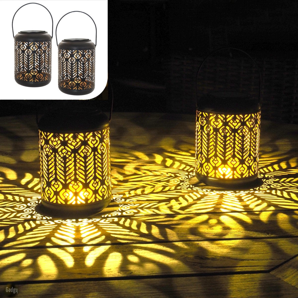Gadgy Solar Laterne Pfau - 2er Set - Schwarz/Gold - Metall - Solar Gartenbeleuchtung - Led Außenbeleuchtung mit Tag/Nacht Sensor - Tischlampe - Hängelampe - Gartenlaterne - 27 x Ã˜ 12,5 cm