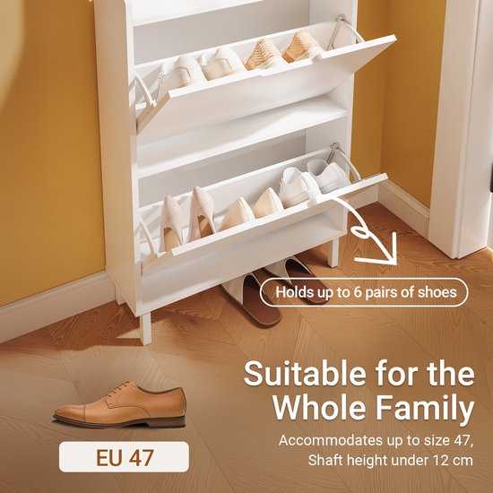 SoBuy Schuhschrank, extraflach 19 cm – Stauraum bis Größe 47 – mit Haken und offenem Regal für kleine Wohnungen, Flur, Eingangsbereich – weiß, 60 x 19 x 119 cm, FSR221-W