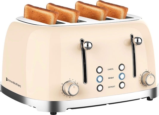 KitchenBrothers Retro Toaster - Toaster - 6 Heizstufen - 4 extra breite Schlitze - 1630W - Beige