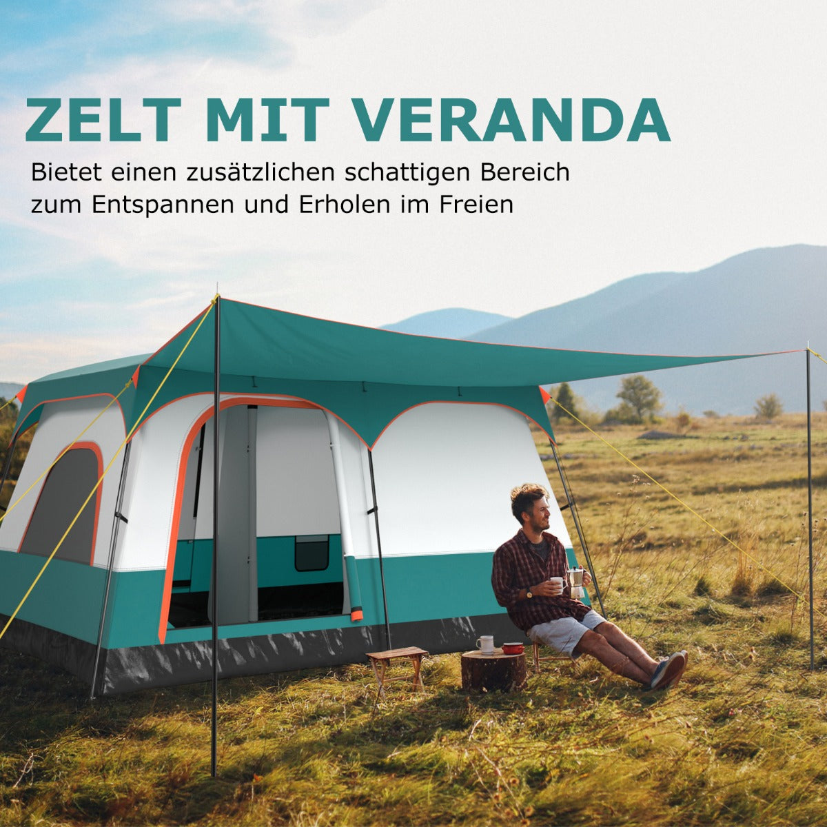 Coast Familienzelt mit Vorzelt - 2 Räume - 2 Eingänge - 320 x 210 x 180 cm - Grün
