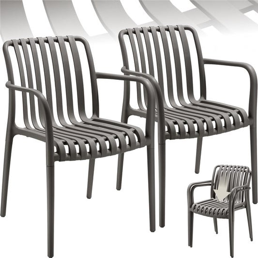 tectake® 2er Set Gartenstühle Alcudia - Anthrazit - Kunststoffstühle mit Armlehne - Gartenset für rund um den Gartentisch oder beim Camping Stapelbar - Stühle für Garten, Terrasse oder Balkon - Wetterfest und UV-beständig - Belastbarkeit 120kg pro Gartens