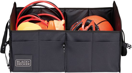 BLACK+DECKER Kofferraum-Aufbewahrungsbox – 59 x 36 x 30 cm – 2 Fächer – Zusätzliche Seitentaschen – Mit Griffen – Schwarz
