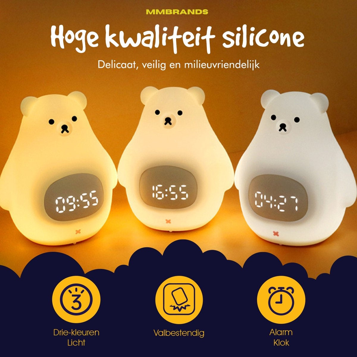 MM Brands Sleep Trainer - Kinderwecker - Nachtlicht - Uhrzeit & Temperatur - 7 Lichtfarben - Bär