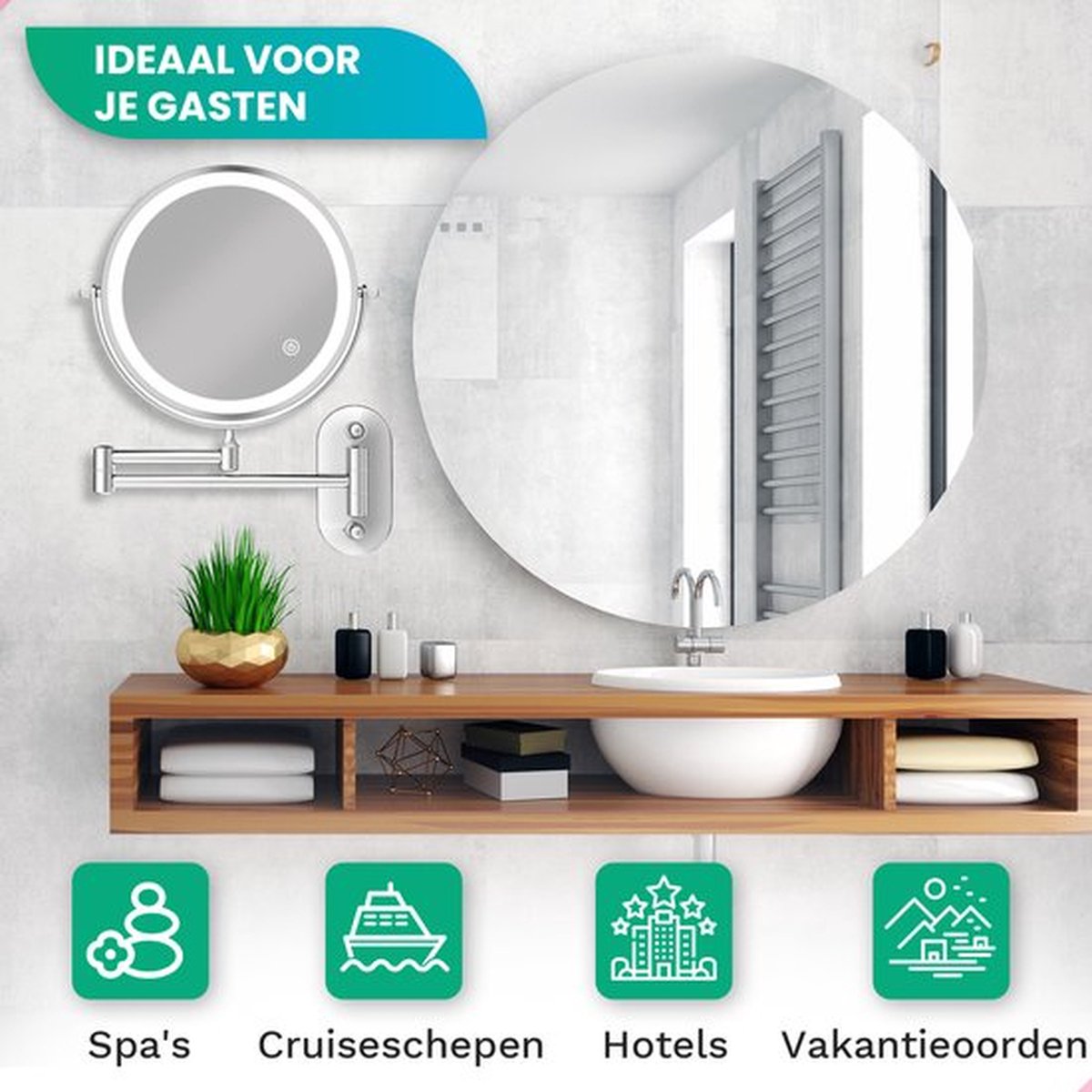 Mirlux Make-up Wandspiegel mit LED-Beleuchtung - 5x Vergrößerung - 20 cm Ø - Edelstahl Silber