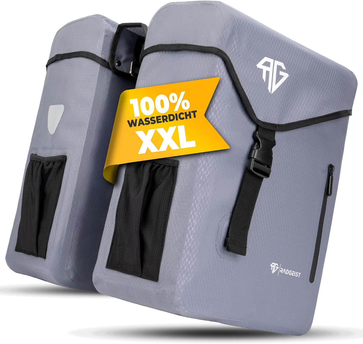 RADGEIST Fahrradtasche für Gepäckträger 100% wasserdicht I Doppelte Fahrradtasche 50 Liter - Doppelte Fahrradtasche mit einfachem Verschluss (grau)