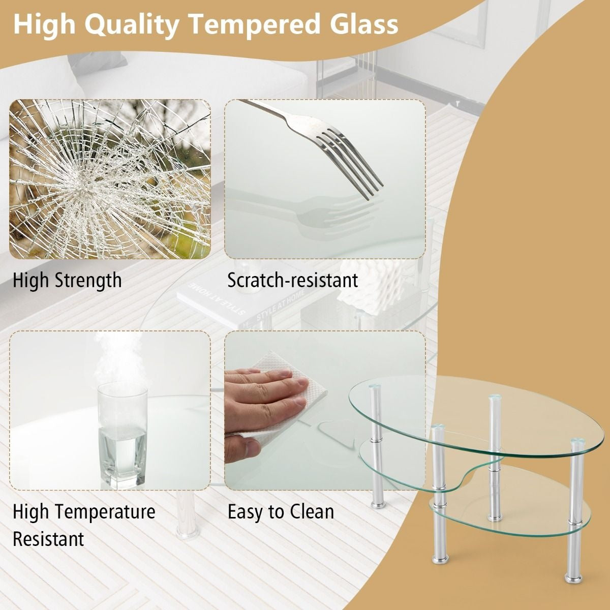 Coast Couchtisch - 3 Schichten - gehärtetes Glas - Modern - 89 x 50 x 45 cm - Weiß
