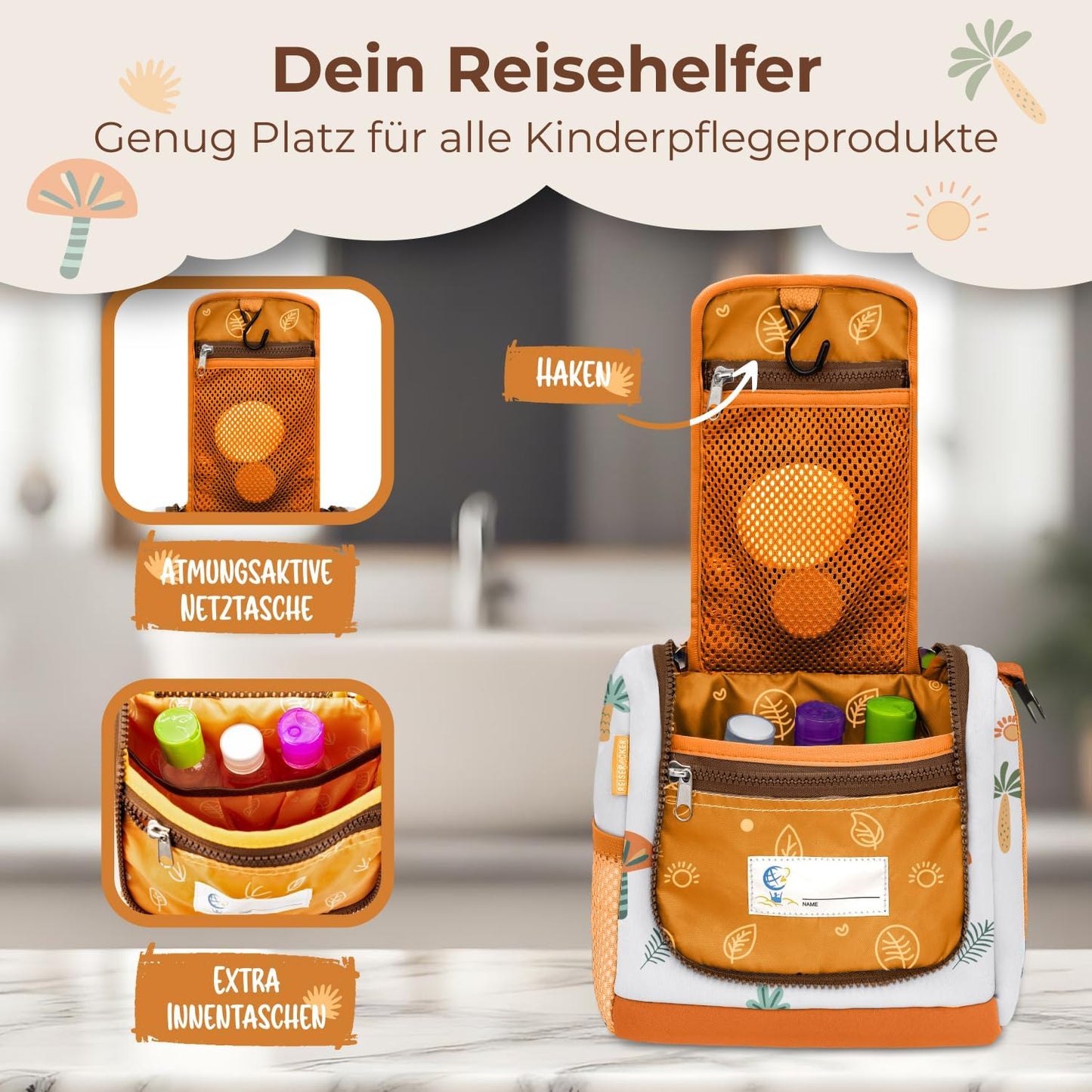 REISERACKER Kosmetiktasche für Kinder - orange - 9 x 21 x 18 cm