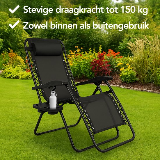 Brixy Faltbarer Gartenstuhl - Liegestuhl - Faltbar - Verstellbar - Ergonomisches Kopfkissen - Metall - Textil - Schwarz