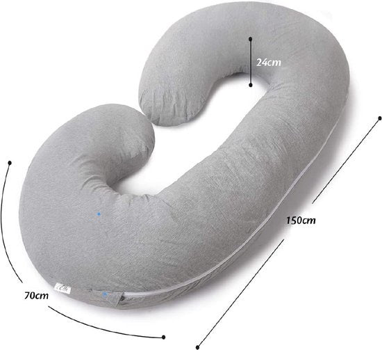 EL Life Umstandskissen - XXL - C-Form - Stillkissen - Seidenschlafkissen - Körperkissen - abnehmbarer Jersey-Baumwollbezug - 150x70cm - Hellgrau
