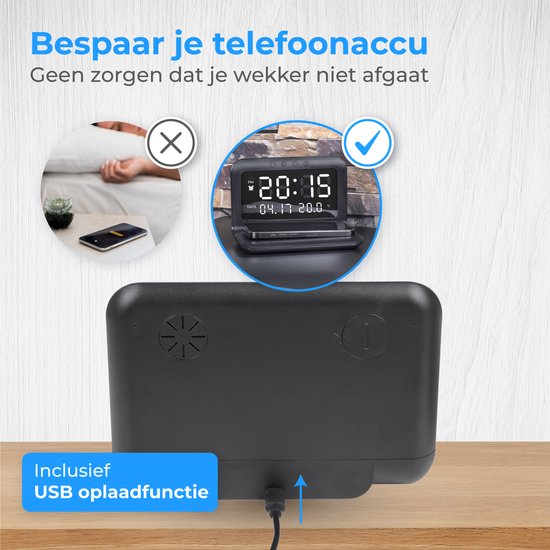 Nuvance - Digitaler Wecker - Digitaler Wecker für das Schlafzimmer - mit drahtlosem Ladegerät und USB-Ladeanschluss - mit Snooze-Funktion und Doppelalarm