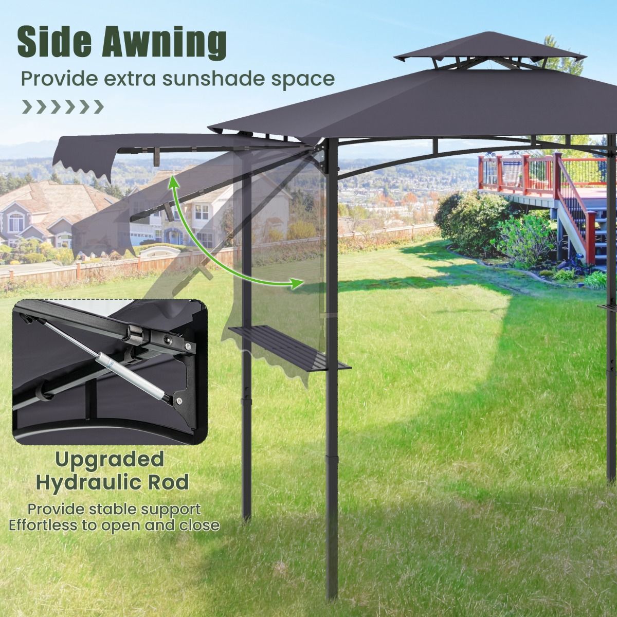 Coast Grillpavillon mit Seitenmarkise und Doppeldach 318 x 153 x 250 cm Dunkelgrau - Inklusive Seitenablagen und Haken