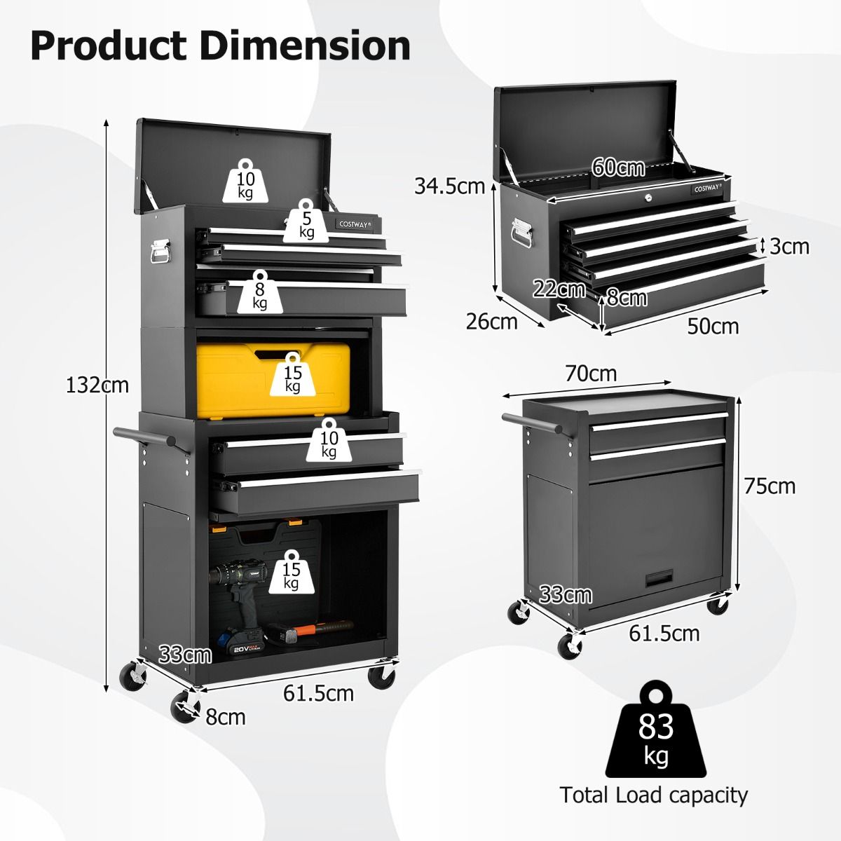 Coast Werkstattwagen mit Schubladen und herausnehmbarem Werkzeugkasten, schwarz, 61,5 x 33 x 132 cm, rollende abschließbare Aufbewahrungslösung