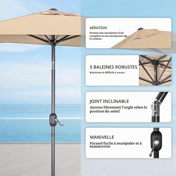 Angel Living Quadratischer Gartenschirm 2,5 x 1,3 m – Beige, Terrakotta, Creme oder Grau – UV-Schutz UPF 50+