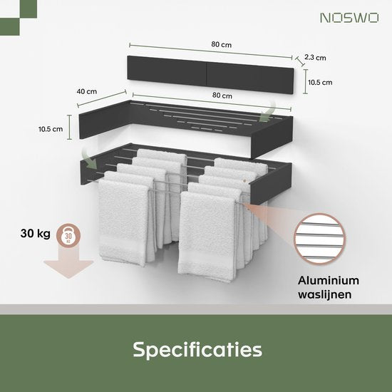 Noswo Zusammenklappbarer Wäscheständer - Wandtrockner - Inklusive 20 Wäscheklammern - Hängender Wäscheständer - Zusammenklappbar - Wand - Aufhängbar - 4m Trocknungslänge - Schwarz