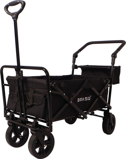 BRASQ Bolderkar Foldable Deluxe WC200 - 108L Kapazität - Mit Schiebestange - Leichtgewicht - Bis zu 100 kg Tragfähigkeit - Inklusive 2 Aufbewahrungstaschen - Schwarz