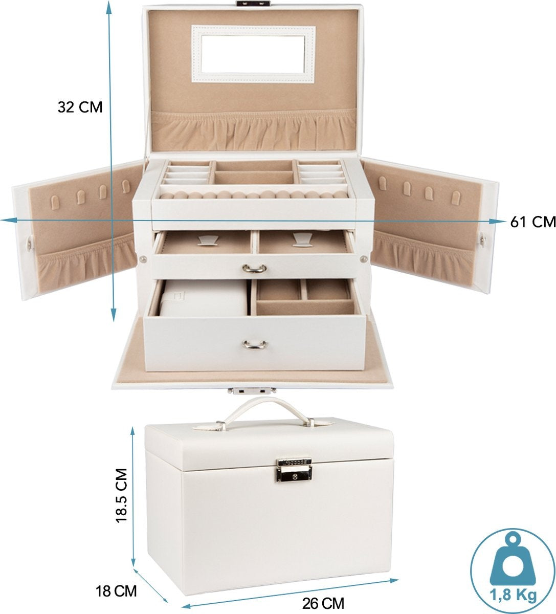 LifeGoods Schmuckkästchen XL - Schmuckkästchen - 20 Fächer - Weiß/Beige