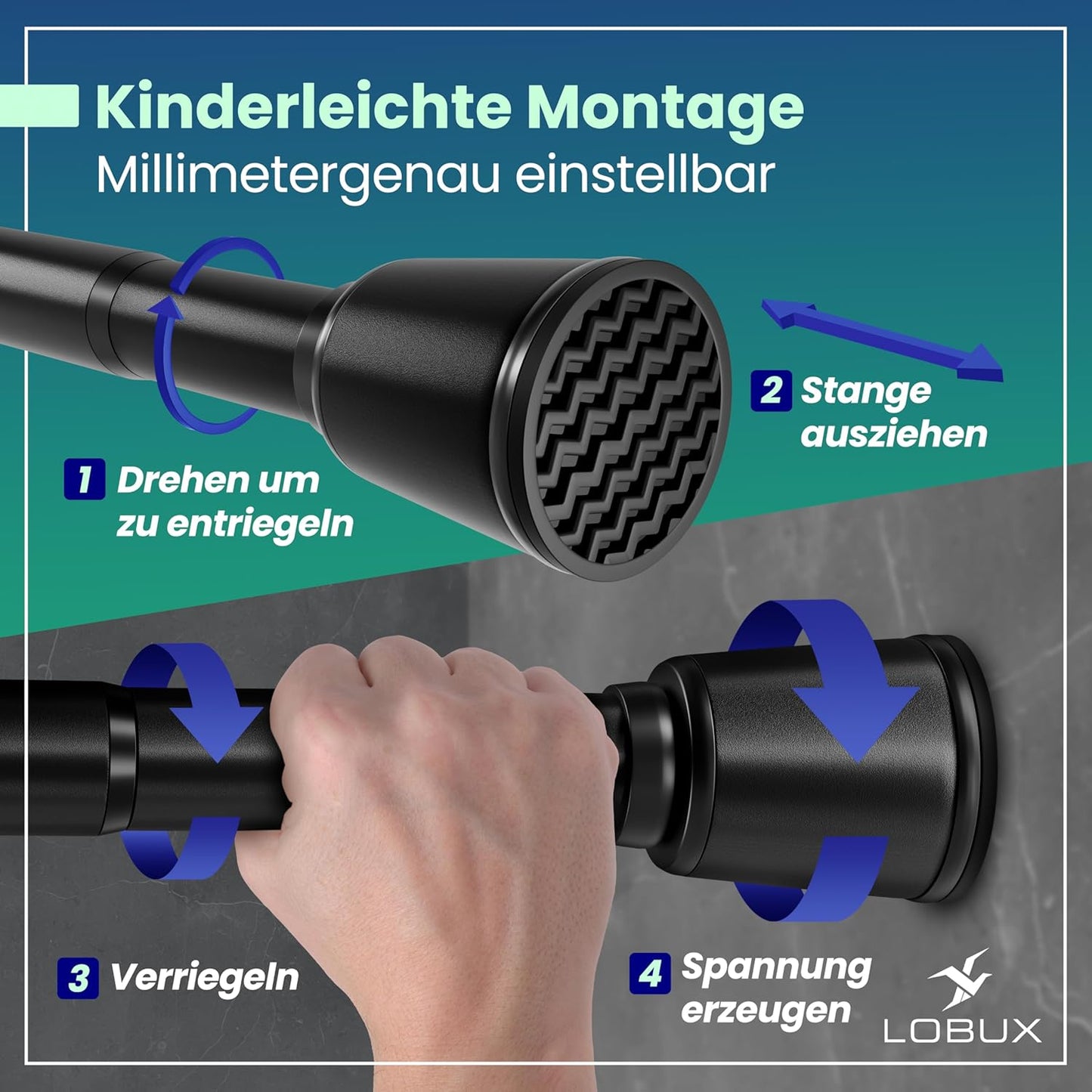 LOBUX® - Gardinenstange ohne Bohren [schwarz, 260-350cm] - Teleskopstange Gardinenverlängerung - Duschstange ohne Bohren - Gardinenstange, Duschvorhangstange, Kleiderstange, Klemmstange Katzennetz