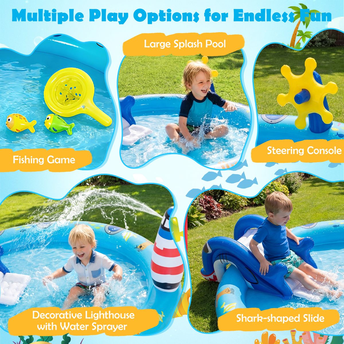 Coast Aufblasbares Kinderplanschbecken – Wasserspielzentrum im Meeres-Design – Haifisch-Rutsche und Sprühdüse – Mehrfarbig 188 x 153 x 63 cm